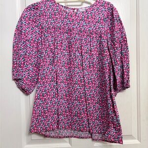 Pink Floral Puff-Sleeve Blouse with Gathered Yoke